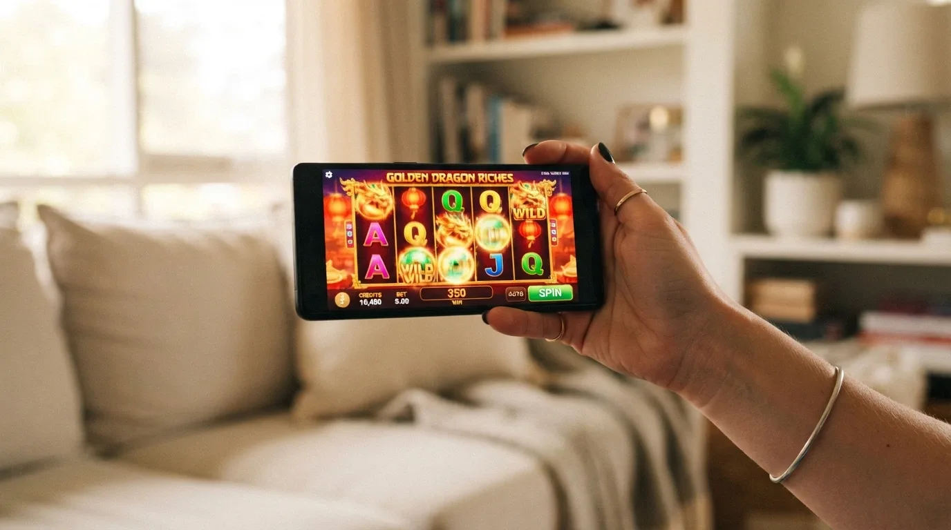 A hand holding a smartphone in landscape orientation with a pokies game reel spinning on screen