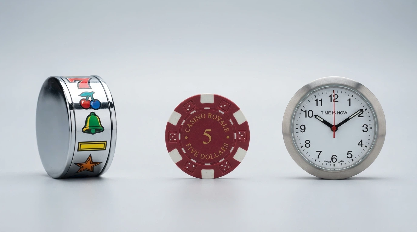 Three stylised icons side by side — a slot-reel symbol, a poker chip and a clock — each representing one NDB type