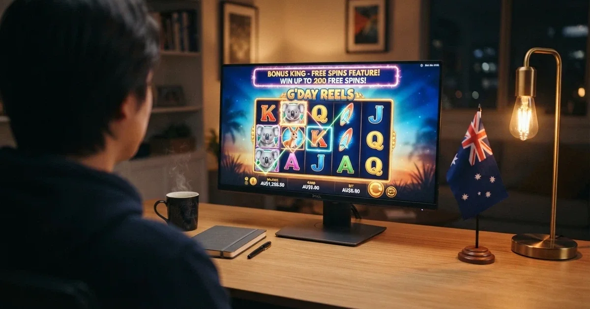 A computer screen displaying an online casino homepage with a no-deposit bonus banner, an Australian flag visible on a desk beside the screen