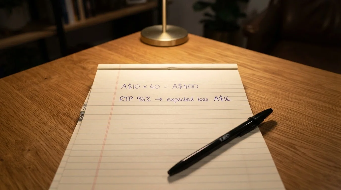 Notepad or calculator display showing the expected-loss maths for a no-deposit bonus — turnover, RTP and the resulting figure