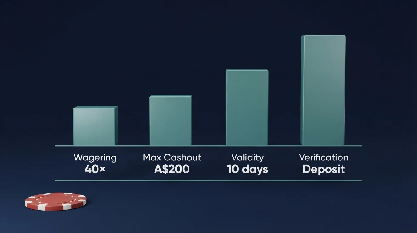 Side-by-side comparison chart of no-deposit bonus terms — wagering multiple, max cashout cap, validity window and verification requirement