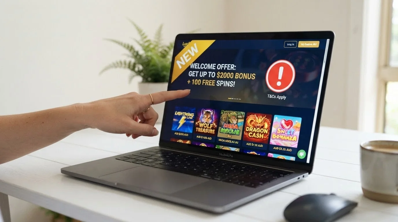 A 'New' ribbon over a casino landing page with a disclaimer symbol beside it