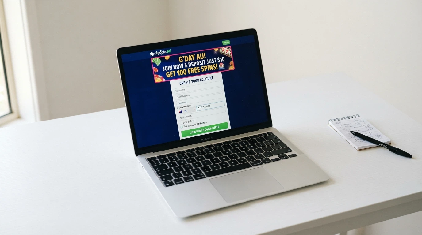A sign-up form on a casino website with Australian mobile number field and a low-deposit offer banner visible