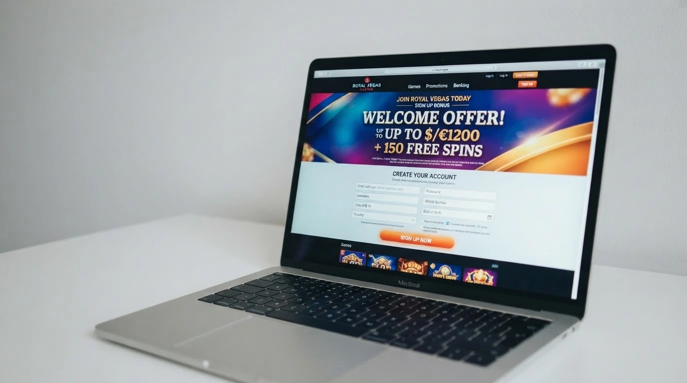 A casino homepage with a prominent welcome banner advertising a new-player bonus offer and a registration form.
