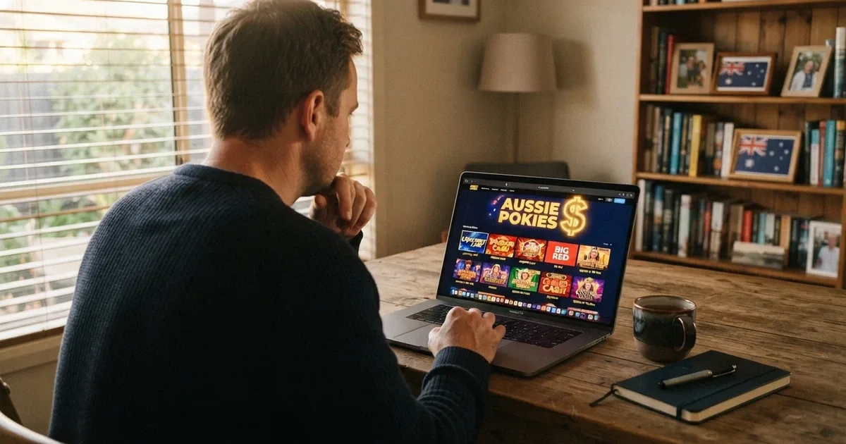 Australian player looking at a laptop screen displaying no-deposit bonus offers from new online casinos