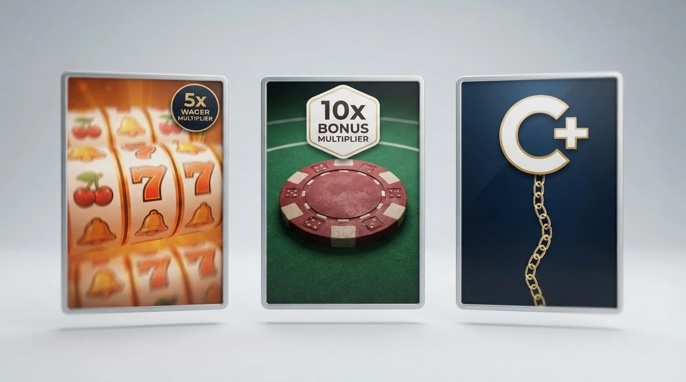 Three side-by-side mock-up bonus panels labelled Free Spins, Free Chip and Bonus Cash, each showing a different wagering multiple and max-cashout figure