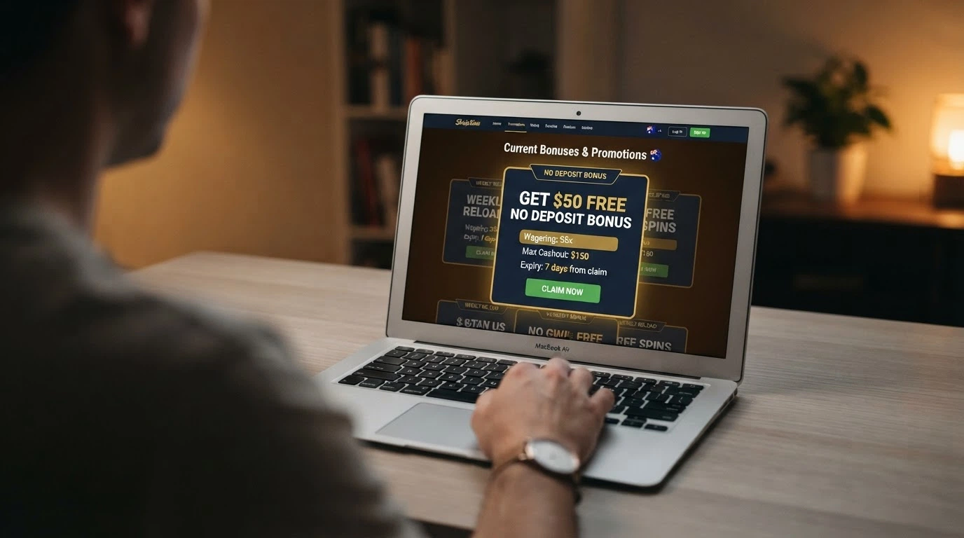 A casino promotions page highlighting a no-deposit bonus offer with the wagering requirement, maximum cashout cap and expiry date called out in the terms section