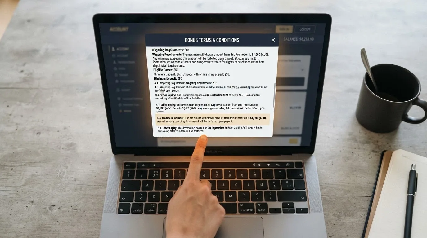 A close-up of a casino bonus terms pop-up or fine-print panel, with the max-cashout and expiry lines highlighted