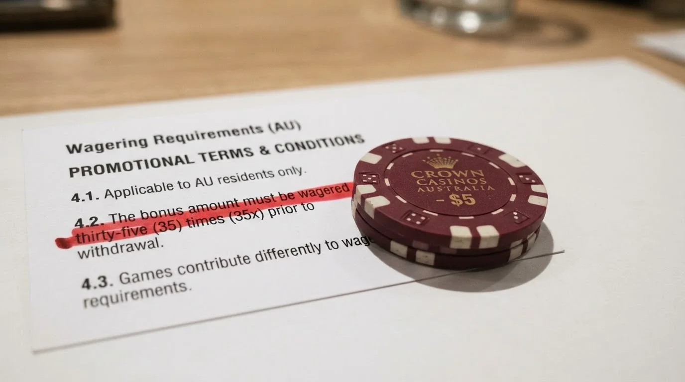 An Australian dollar coin sitting on a casino bonus terms card with the wagering line crossed out in red