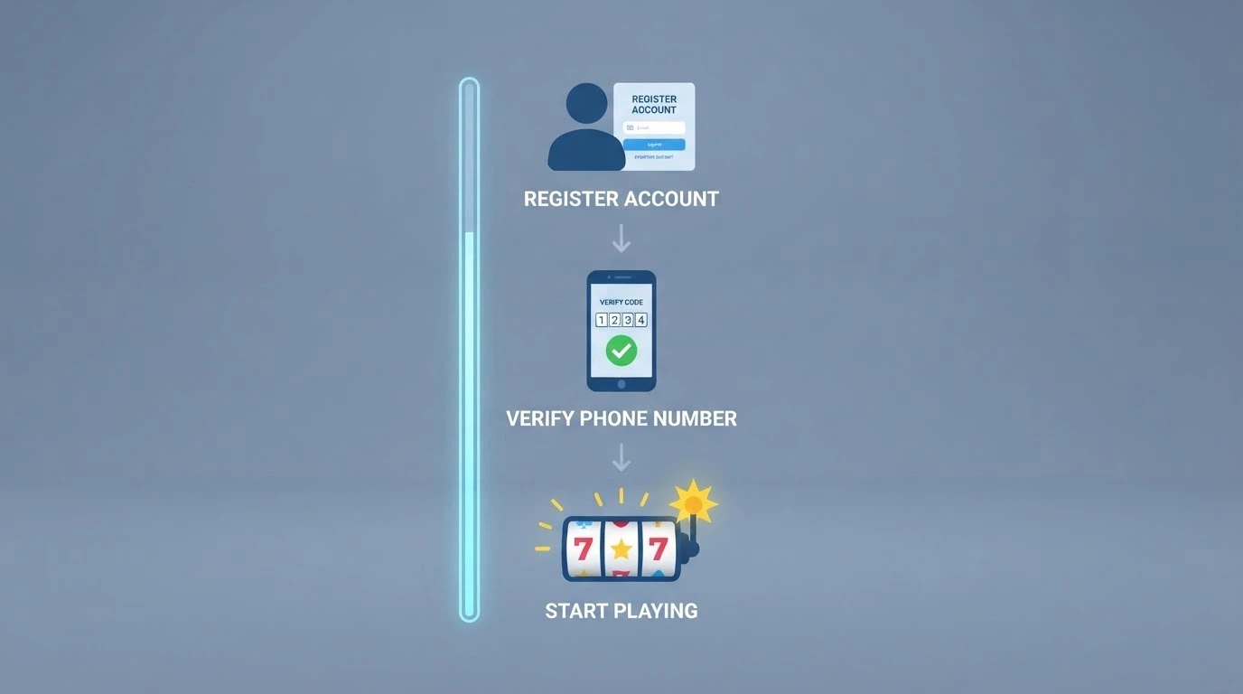 A three-step diagram showing sign-up, phone verification and bonus activation on a mobile screen, with a progress bar at the bottom