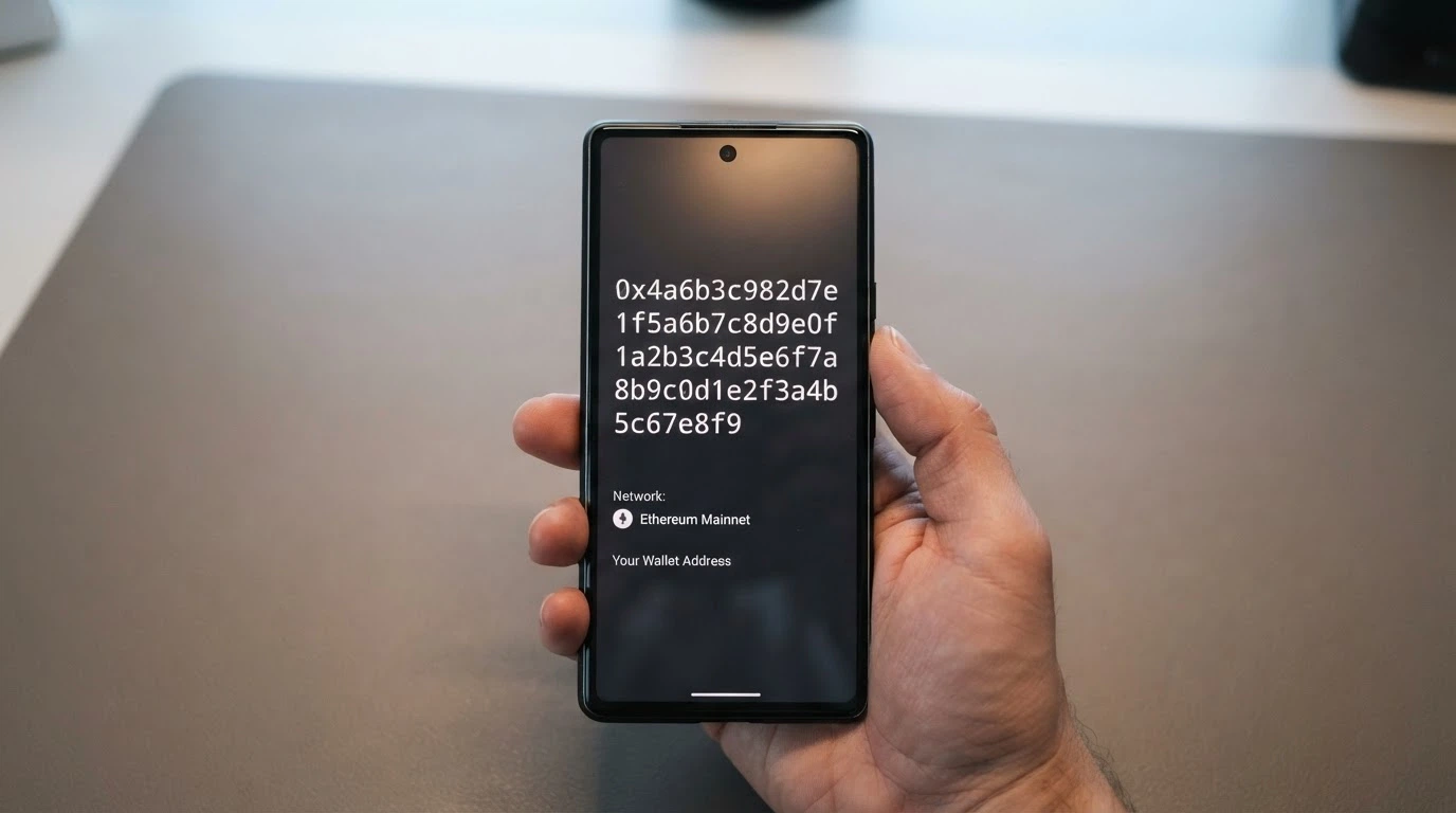 A crypto wallet address on a phone screen next to a crossed-out ID card icon