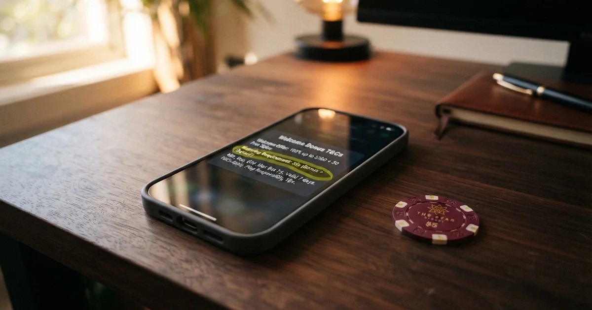 A smartphone screen displaying a casino bonus terms pop-up with the wagering requirement line highlighted in yellow