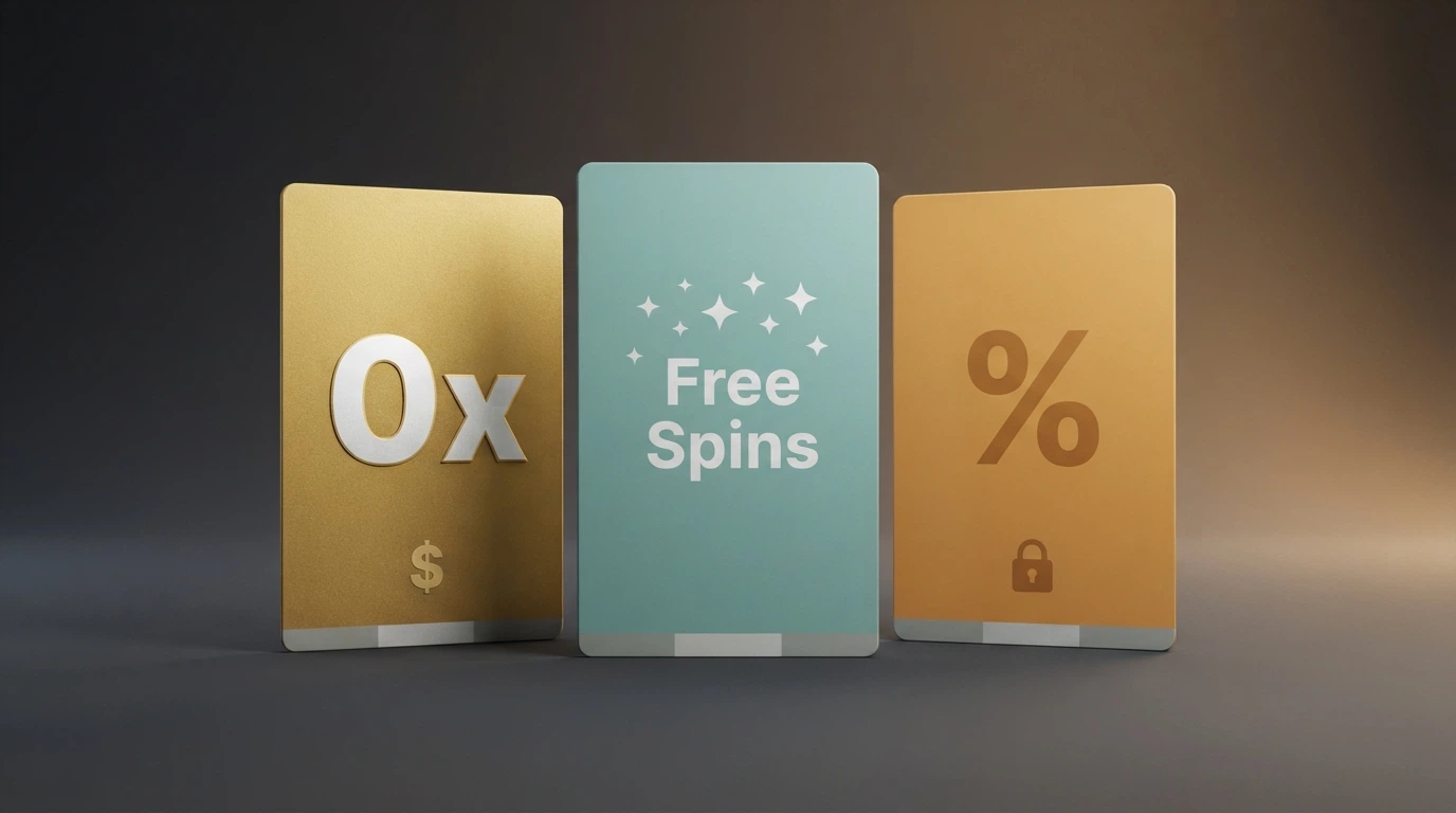 Three stacked offer cards showing a no-wagering welcome bonus, a no-deposit free-spins offer and a deposit-match bonus, each with its cashout cap printed prominently