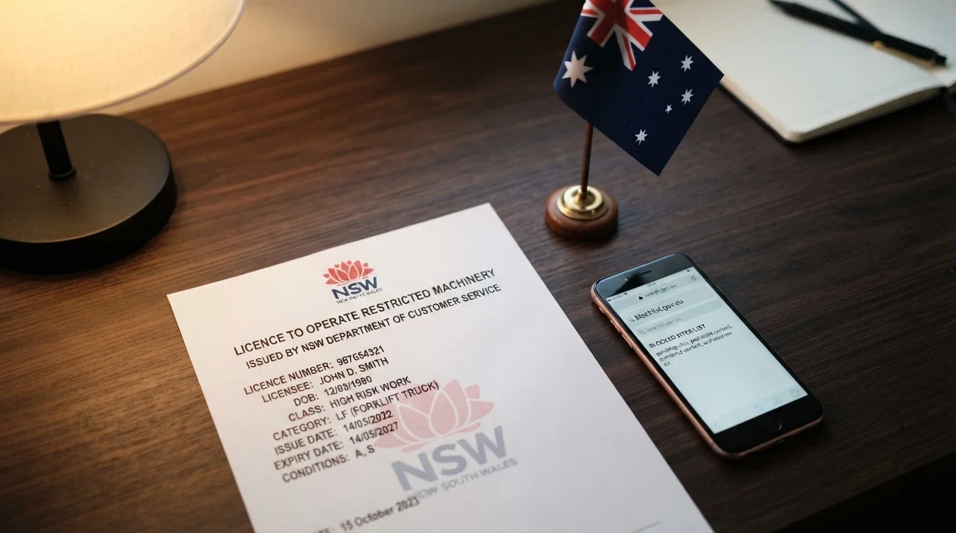 A Curaçao licence document beside a smartphone showing the ACMA website, with the Australian flag visible