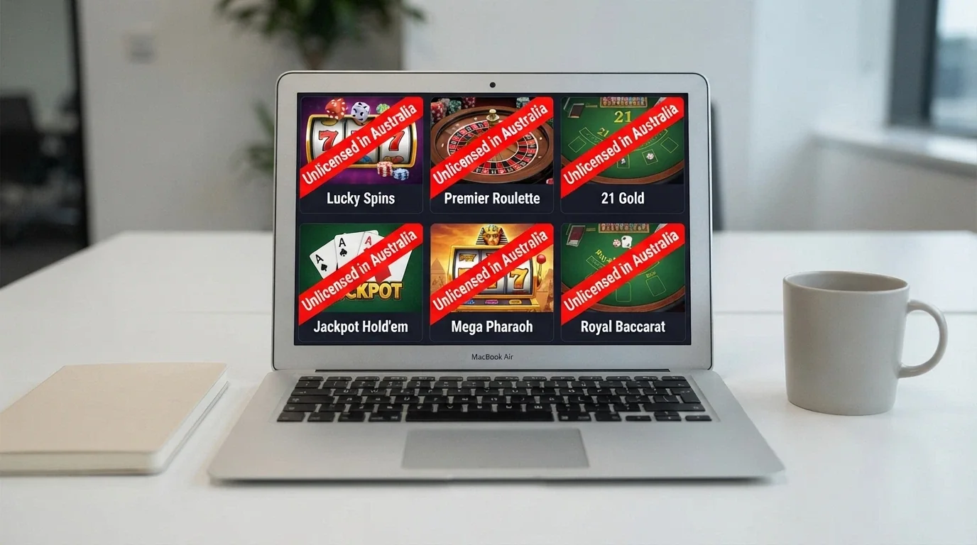 A grid of ten smartphone screens each displaying a different casino app home screen, arranged in two rows of five, with a red diagonal banner across each reading “Unlicensed in Australia”
