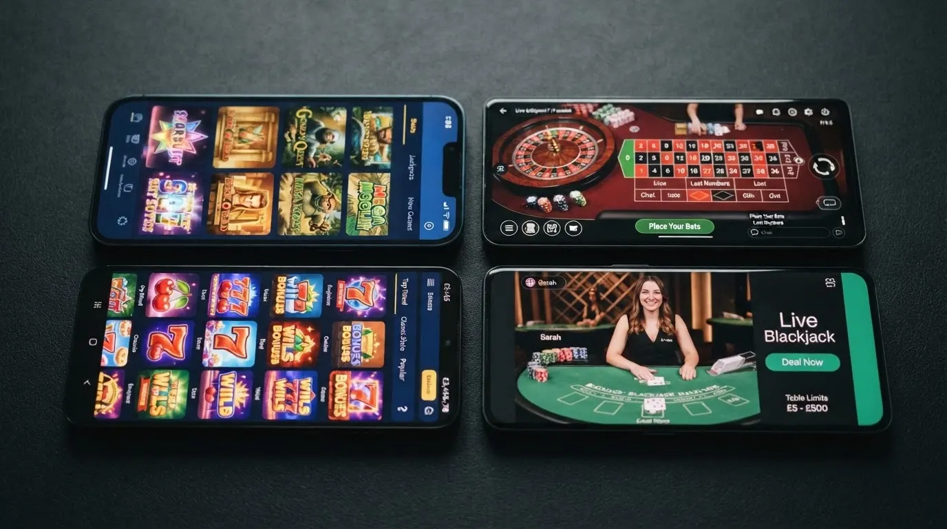 A grid of iPhone screens each displaying a different casino lobby, arranged side by side for comparison