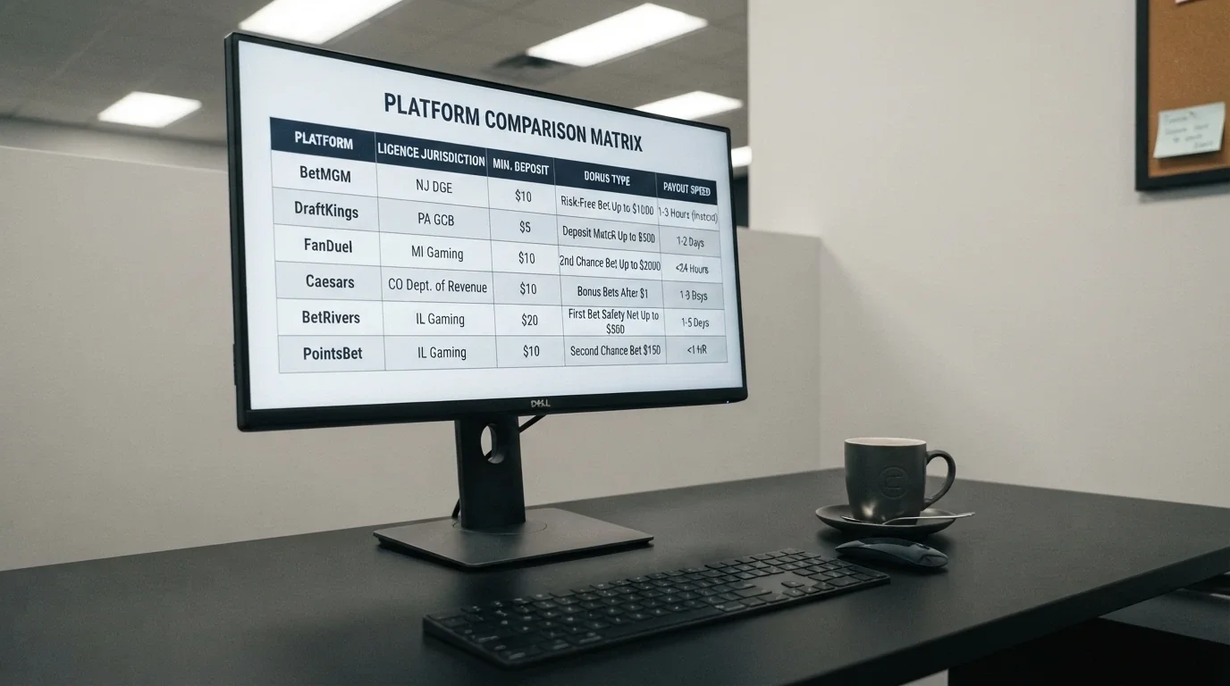 A desktop screen showing a comparison grid of casino names with key terms — licence, minimum deposit and bonus type — arranged side by side