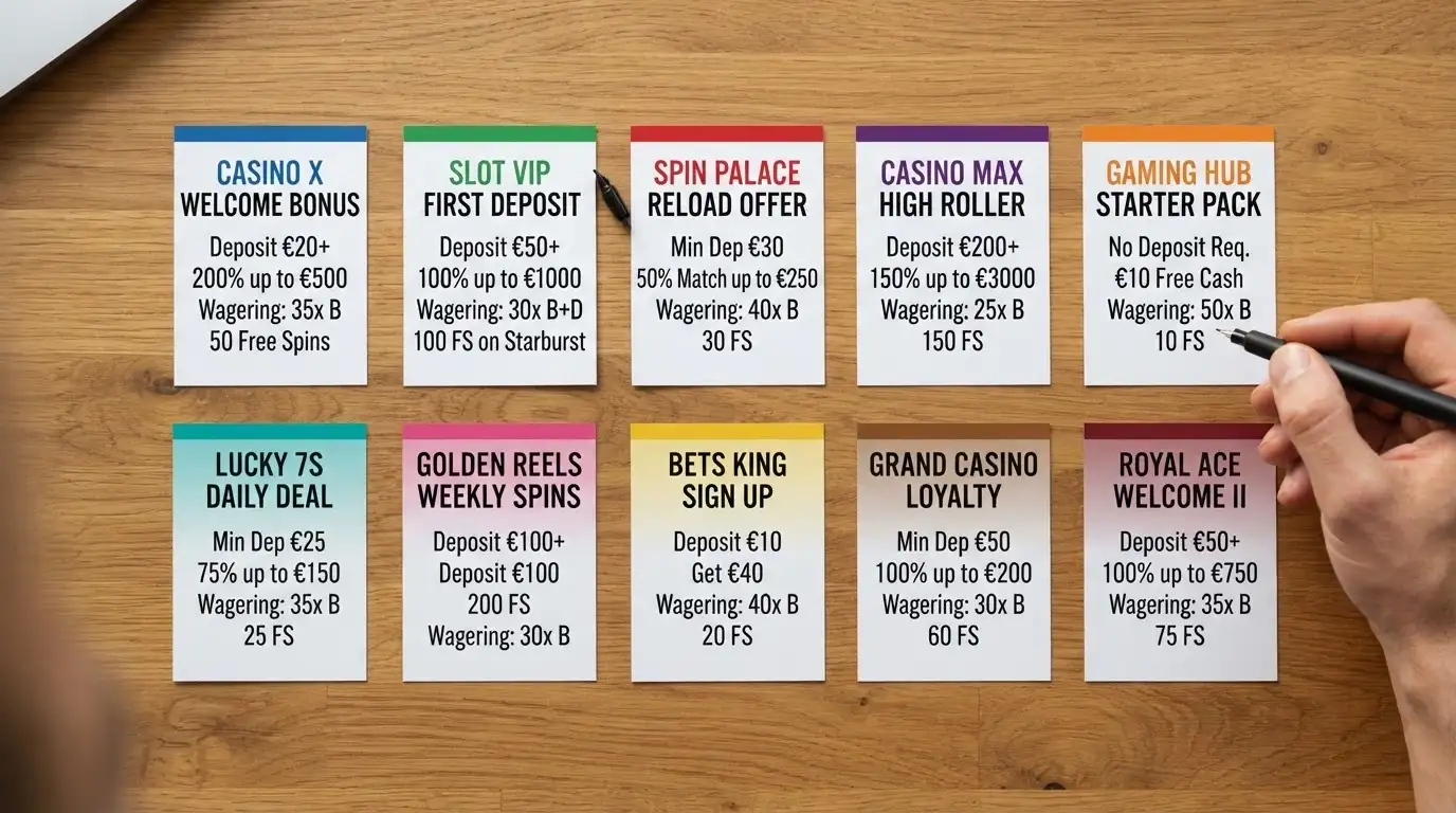 A side-by-side layout of ten casino-brand cards showing varied bonus figures, wagering multiples and free-spin counts