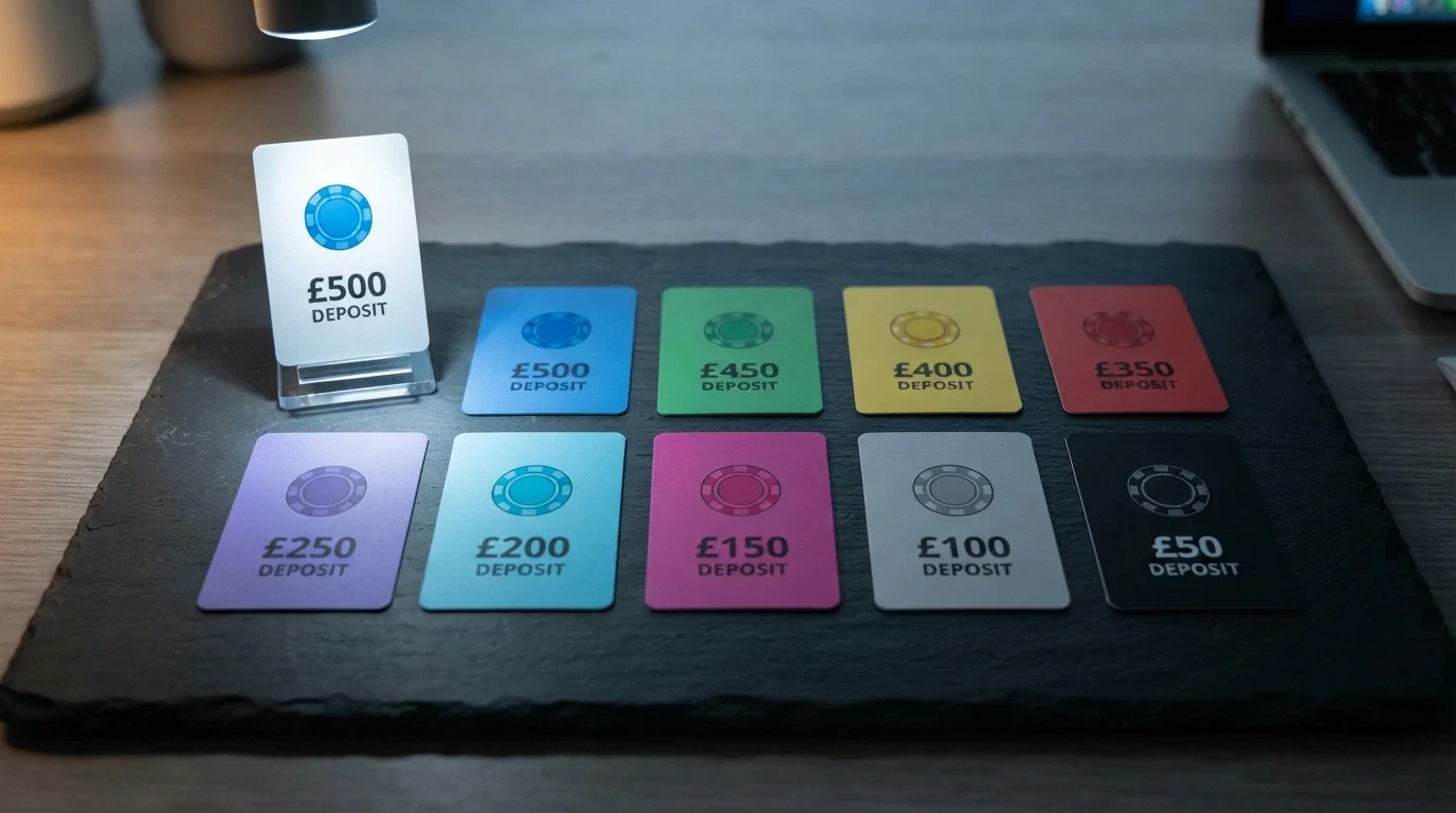 A visual ranking layout of casino brand cards in a clean comparison grid, with the verified minimum deposit and licence status highlighted for each