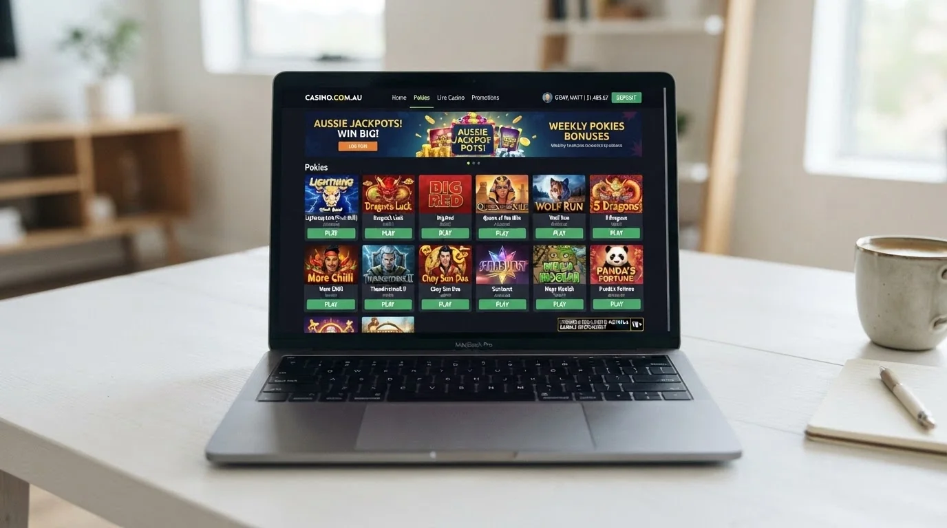 A filtered casino game lobby displaying Aristocrat pokie thumbnails including Queen of the Nile and 5 Dragons, with the site's licence badge visible in the footer