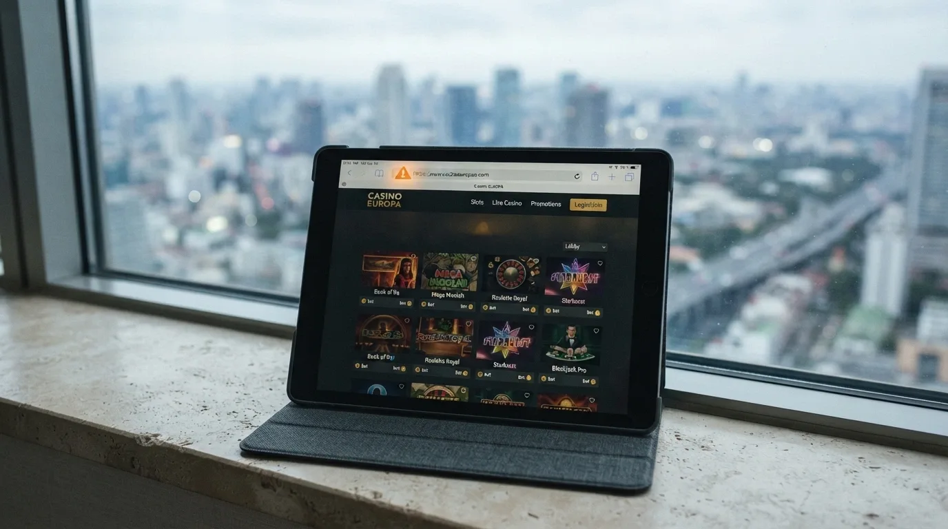 An iPad showing a casino site with a small warning icon or padlock indicator, set against a backdrop suggesting distance