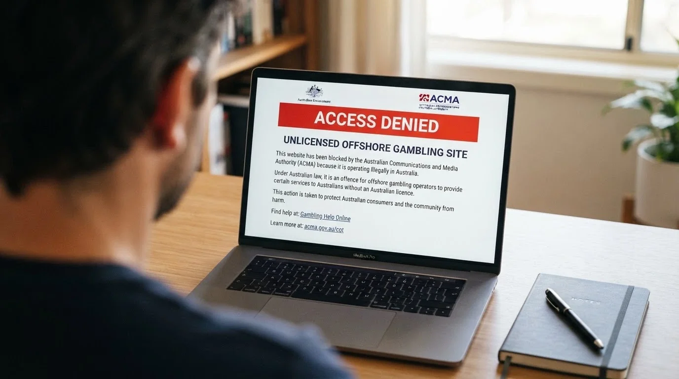 The Interactive Gambling Act 2001 document header beside an ACMA website blocking notice
