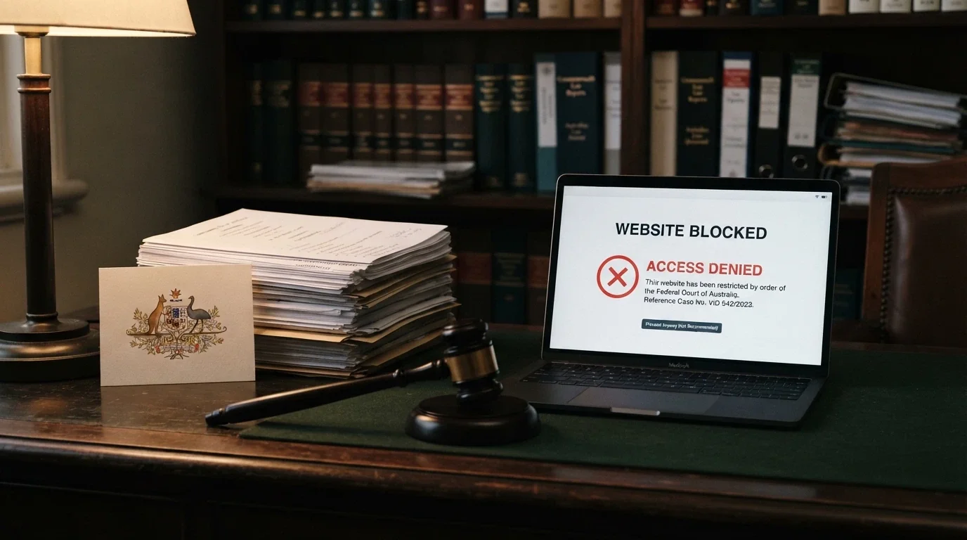 The ACMA logo beside a gavel on a desk with Australian legal documents and a computer screen showing a blocked-site notice.