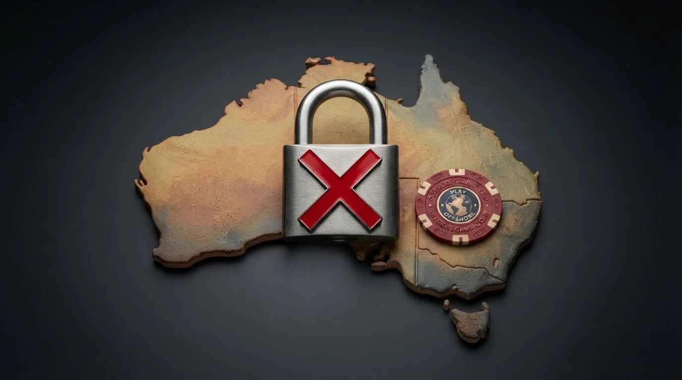 A stylised map of Australia with an offshore warning icon, a padlock symbol with a cross through it overlaid on a casino-chip graphic
