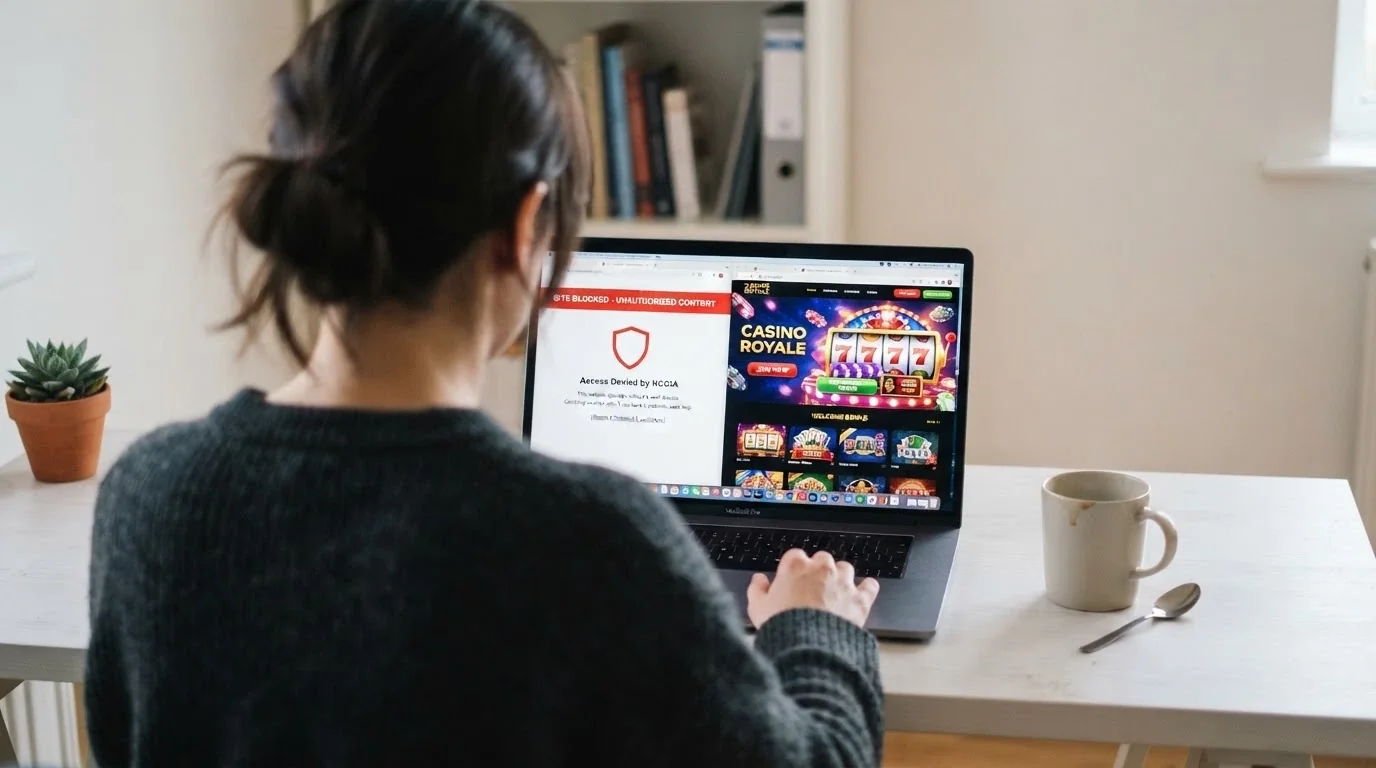 A laptop displaying an official-looking ACMA warning page beside a casino landing page, with the Australian coat of arms subtly reflected in the screen glare