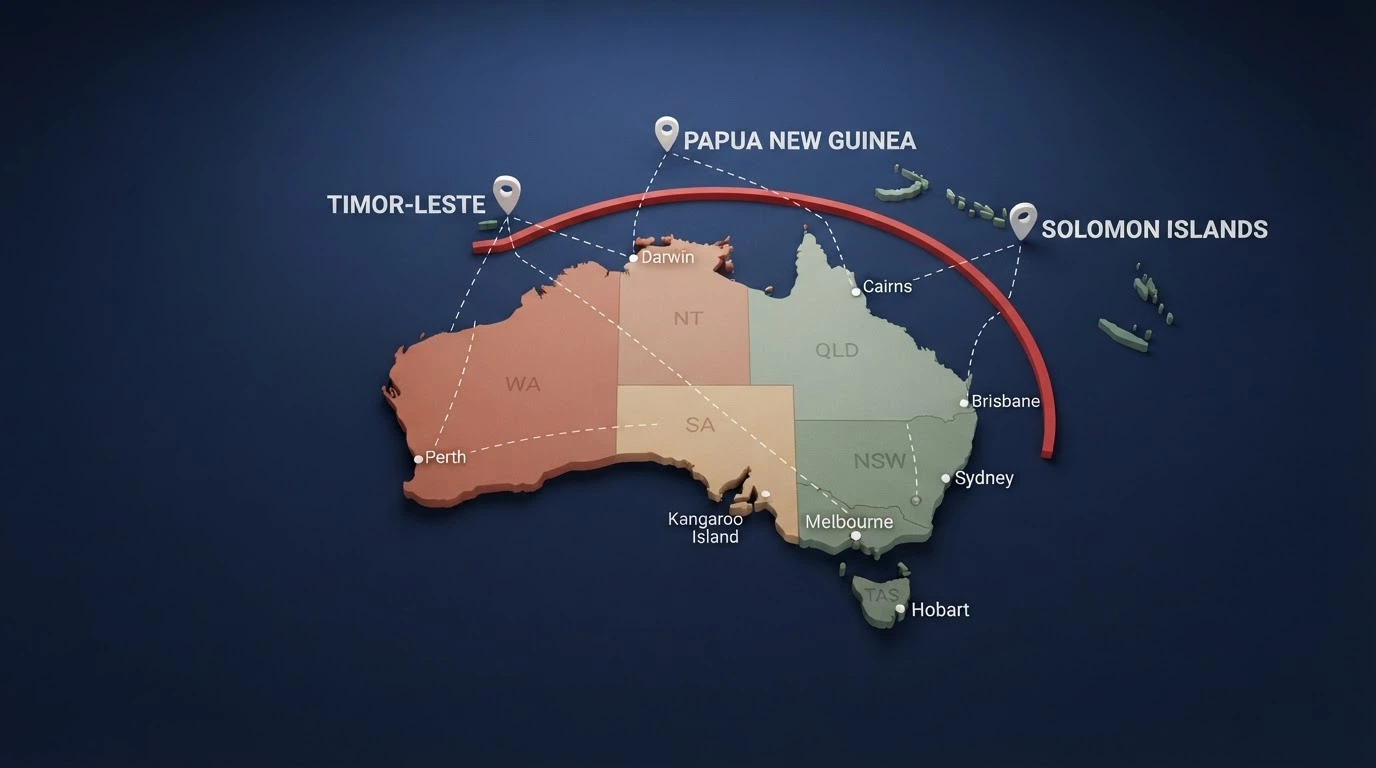 A stylised map of Australia with dashed lines radiating outward to offshore jurisdiction markers labelled “Curaçao”, “Anjouan” and “MGA”, while a solid red barrier sits between Australia and the markers