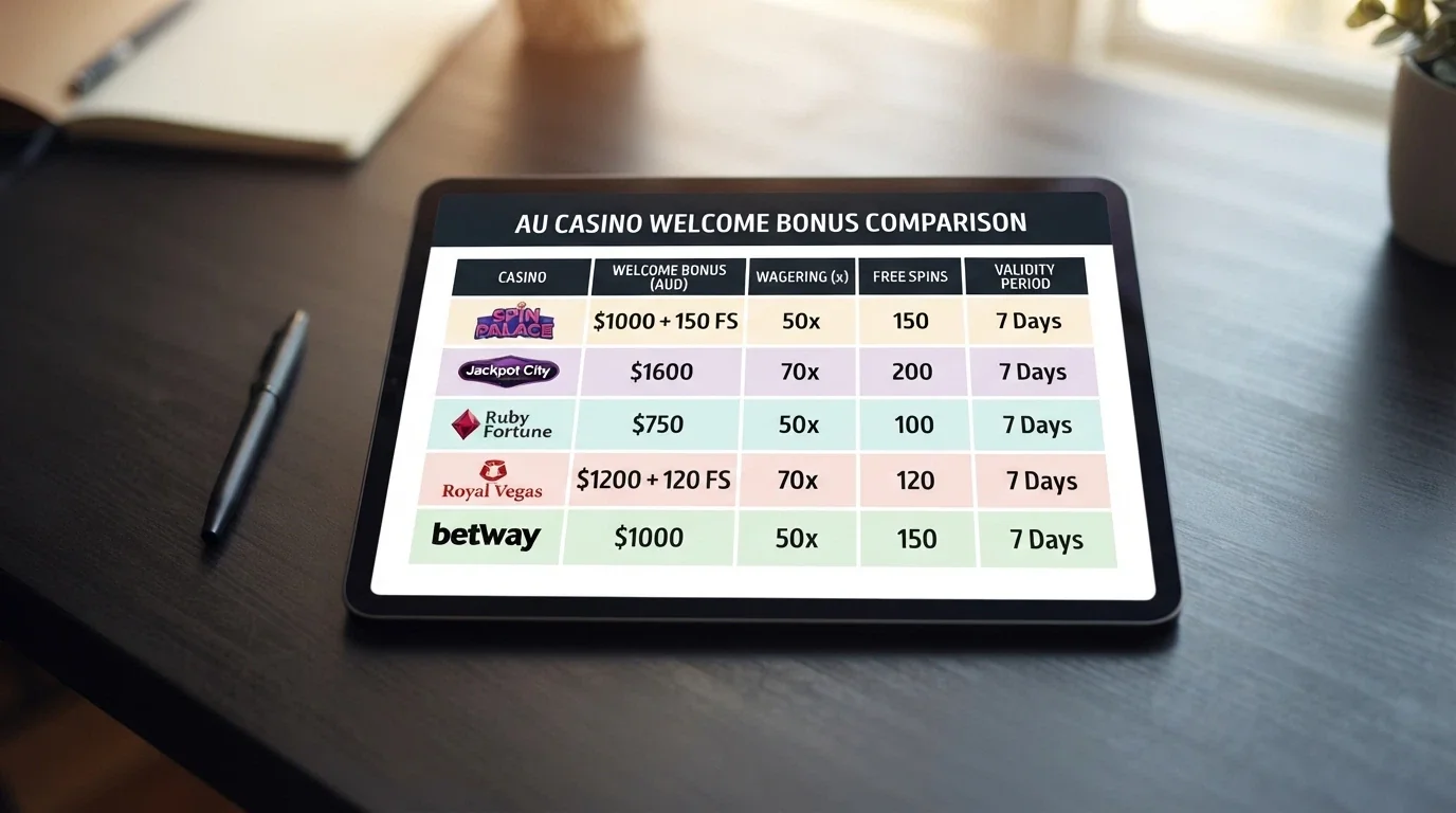 A side-by-side comparison grid showing welcome bonus amounts, wagering multipliers, free spin counts and validity periods across multiple casino brands