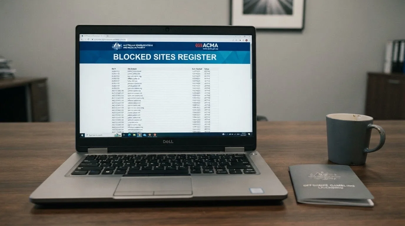 A laptop screen split between an ACMA webpage listing blocked gambling sites and a Curaçao eGaming licence certificate displayed beside it