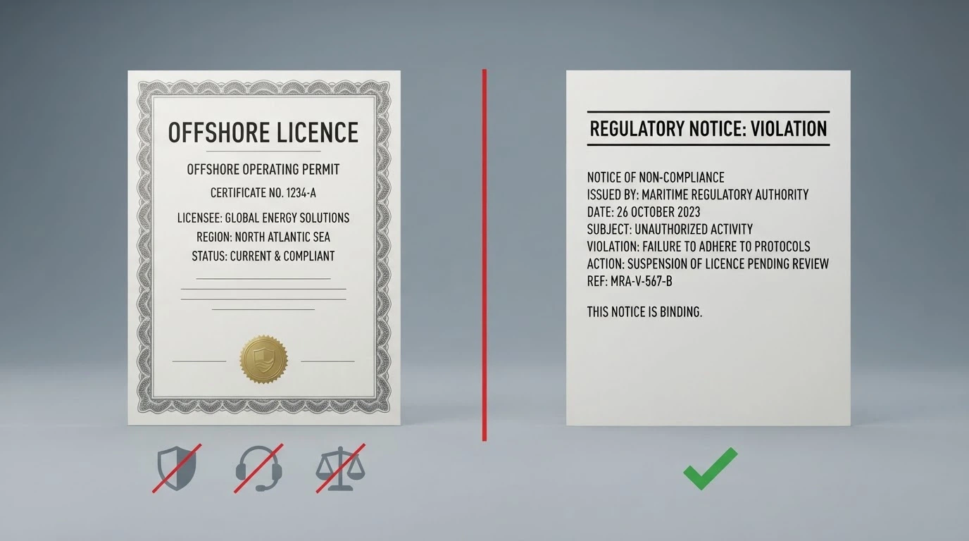 A side-by-side comparison of a Curacao licence certificate and an ACMA blocking notice, with Australian consumer-protection icons crossed out beneath the offshore side