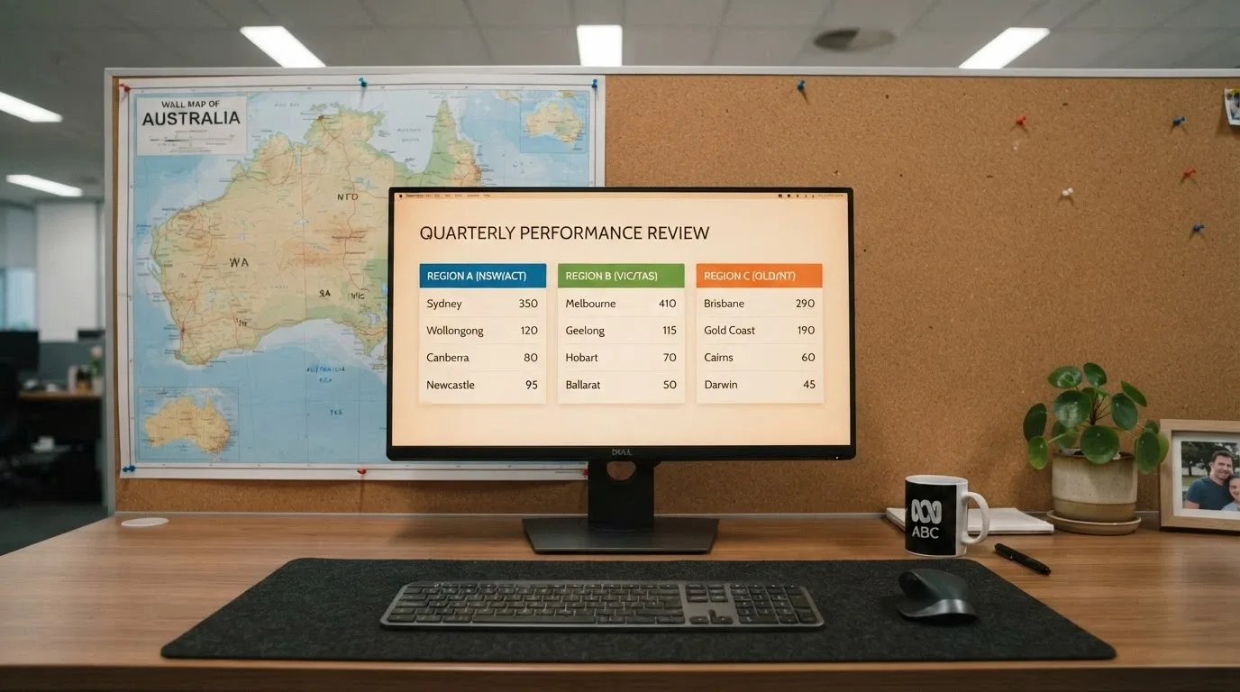 A side-by-side comparison chart of casino operator features on a desktop display with a map of Australia in the background
