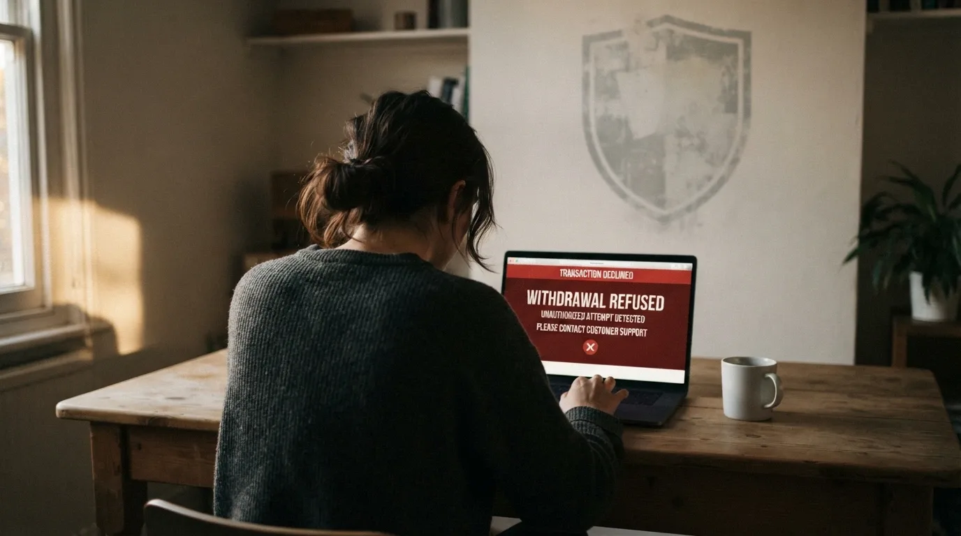 A player looking at a laptop screen showing a declined withdrawal message, with an Australian consumer-protection logo greyed out behind them