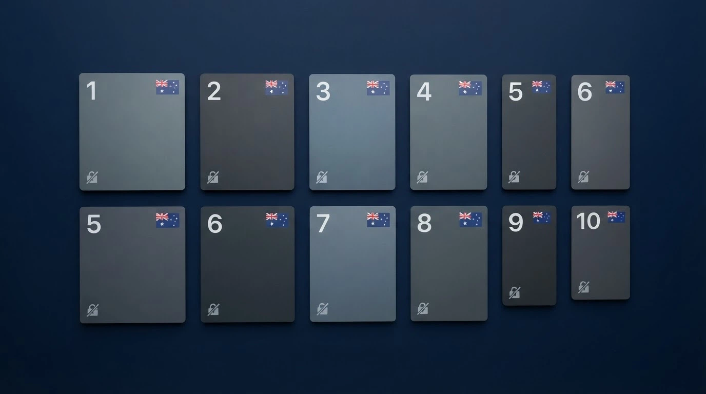 A grid of ten casino-brand logos arranged in ranked order with a small Australian-flag icon beside each one and a lock symbol crossed out to signal no AU licence