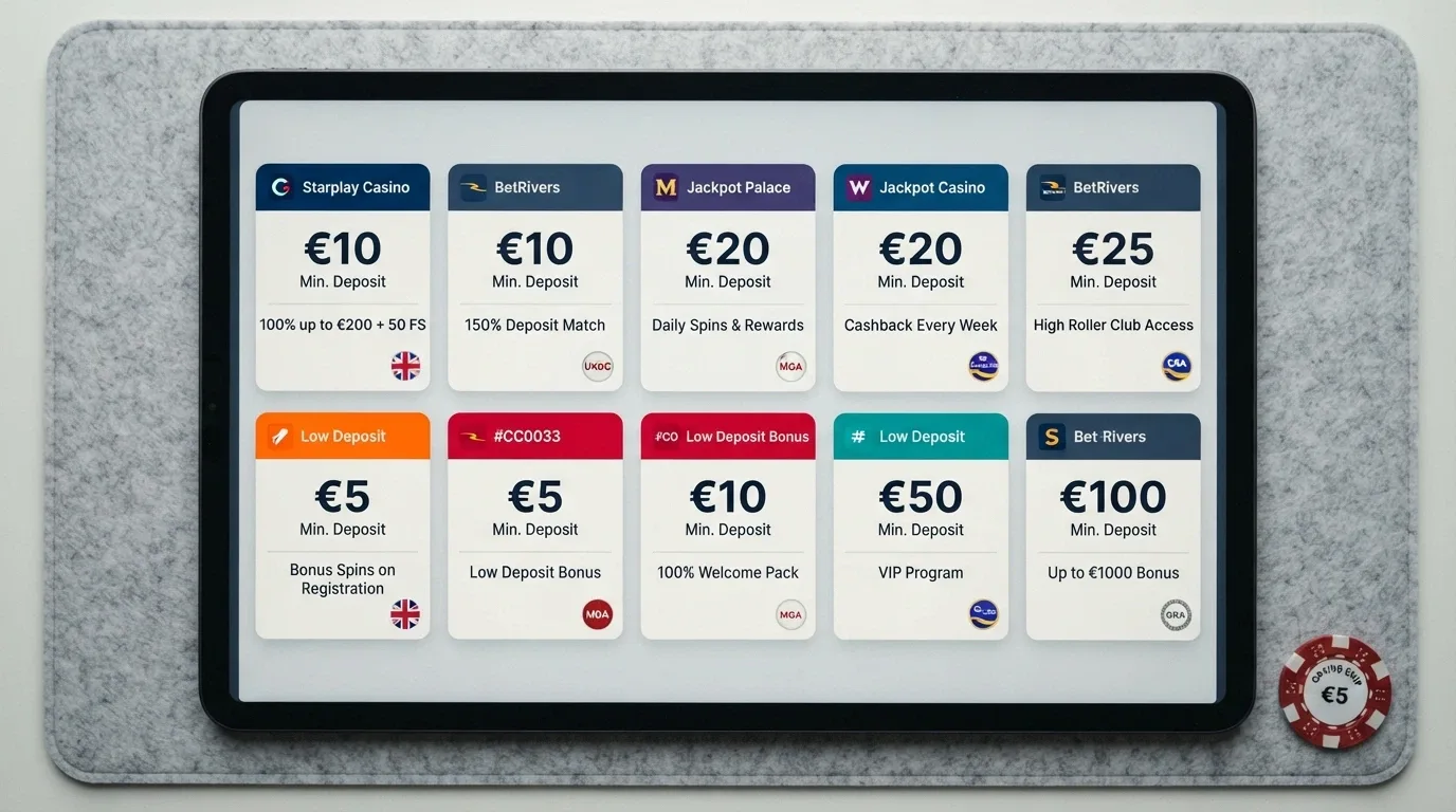 A visual ranking of casino brand cards showing name, minimum deposit figure, bonus type and licence badge, laid out in a grid