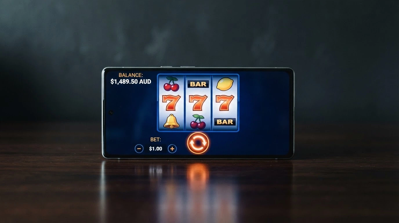 an online pokie screen with an active AUD balance, a bet-amount selector and a spin button, against a dark casino-style background