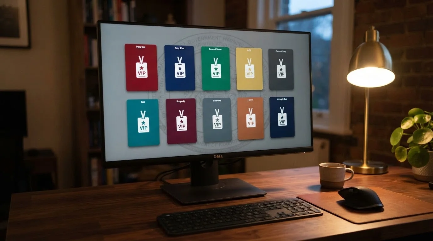 A row of ten casino-brand cards arranged across a desktop screen, each card showing a different colour and VIP badge, with an ACMA warning watermark visible behind the row