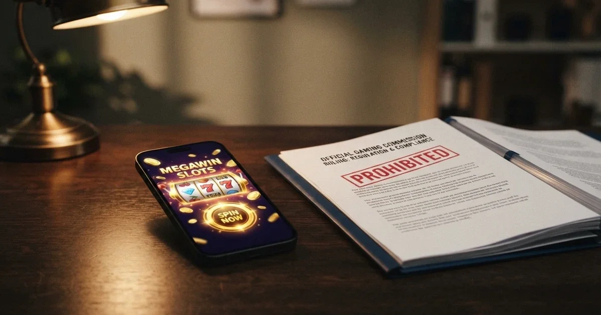 A split-screen showing a free-spins promotional banner on one side and the text of the Interactive Gambling Act 2001 on the other, with a red “prohibited” stamp overlay