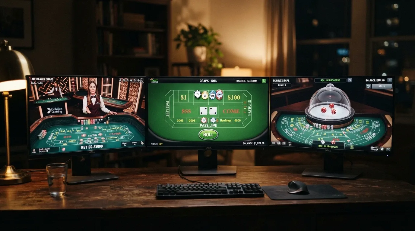 Three screens side by side showing a live dealer craps table on the left, an RNG craps interface in the centre and a bubble craps machine with its dome on the right