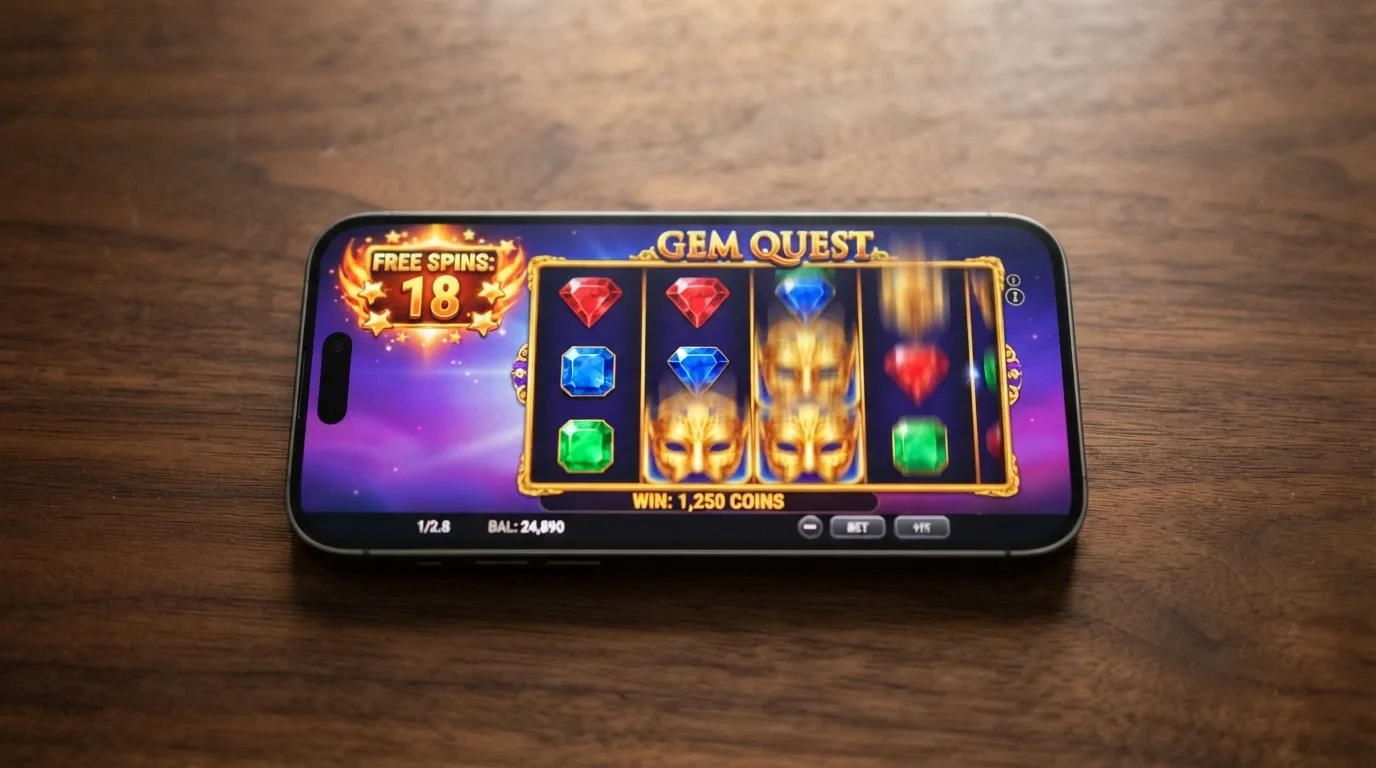 A smartphone or desktop screen showing an online pokies game with a free-spins counter active and an Australian-themed slot title in view