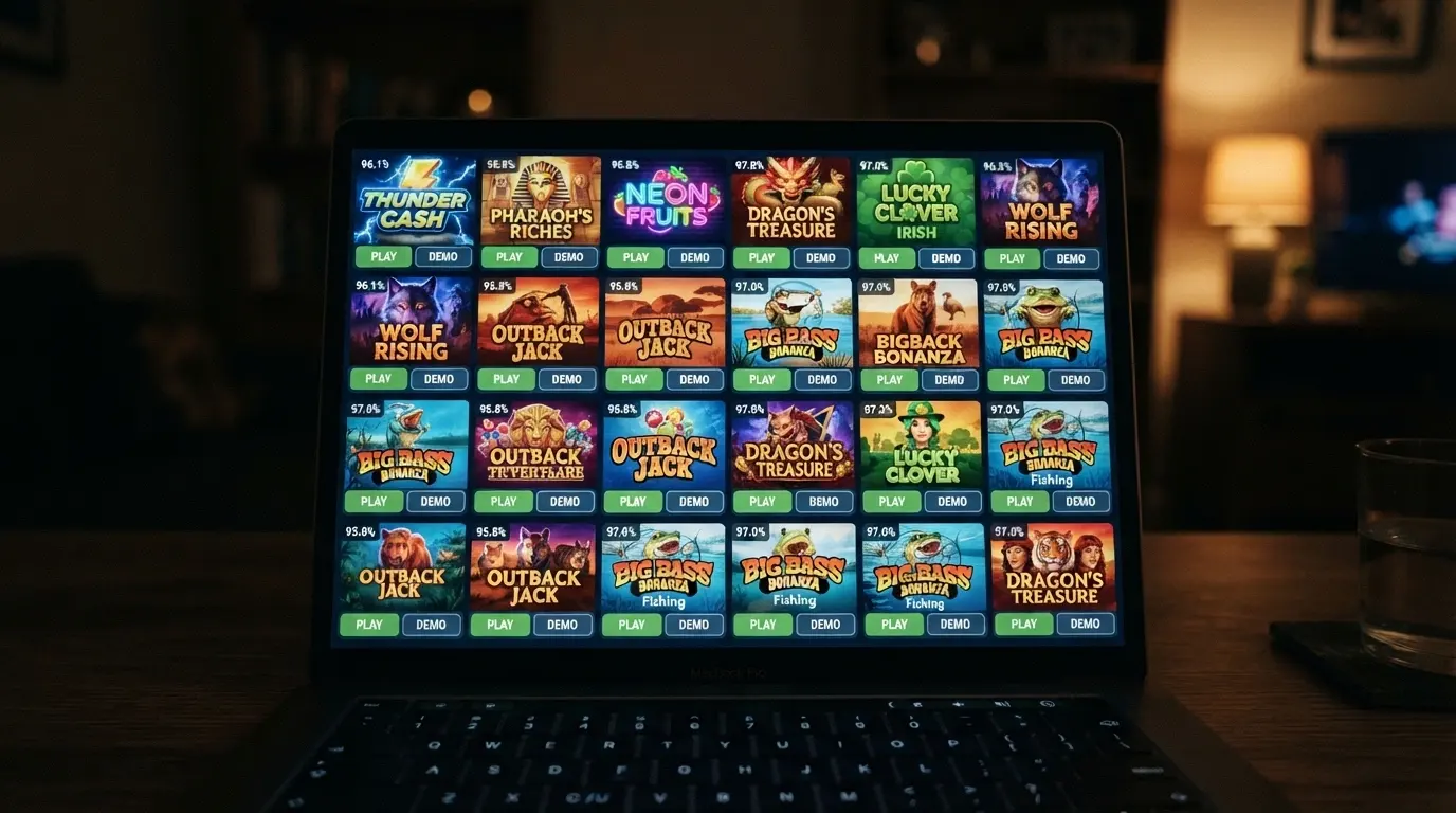 A grid of colourful online pokie thumbnails with titles, RTP percentages and Play and Demo buttons visible