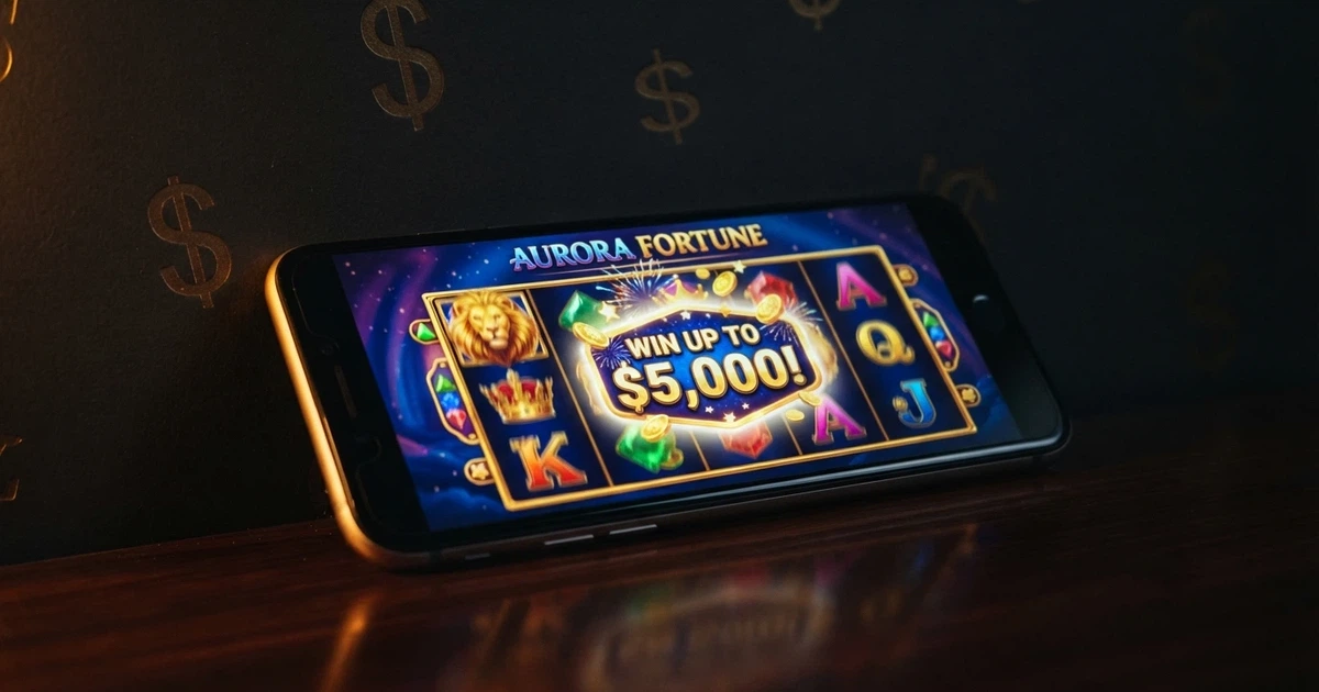A smartphone screen showing a colourful online pokies game with a “No Deposit Bonus” pop-up badge, set against a dark background with subtle Australian-dollar symbols