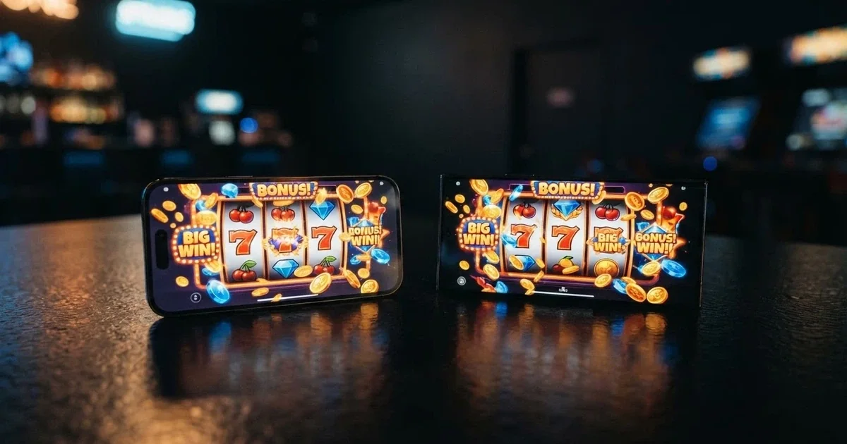 Two smartphone screens side by side showing colourful online pokies game reels with free-spins bonus-round animations active, set against a dark gaming-themed background
