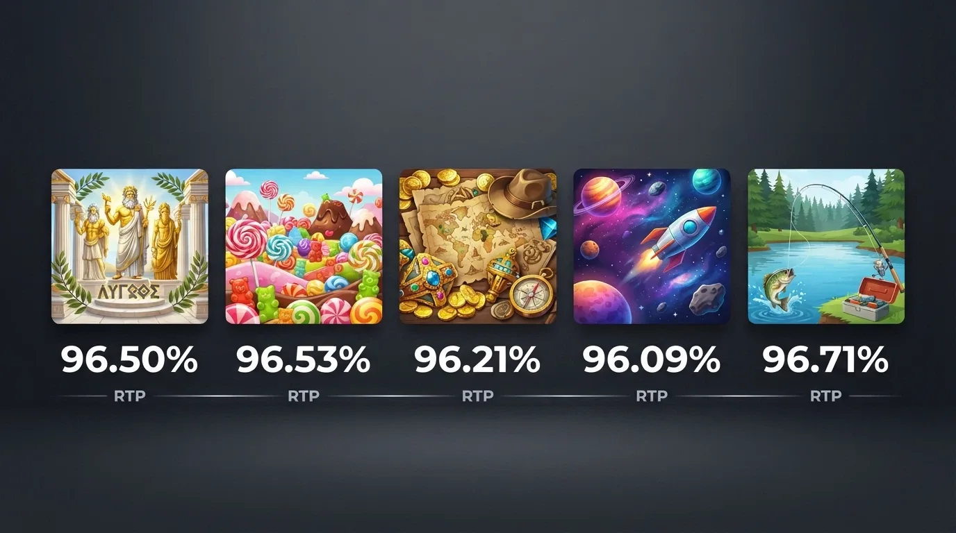 A grid of five popular online pokie game tiles — Gates of Olympus, Sweet Bonanza 1000, Book of Dead, Starburst and Big Bass Bonanza — with their RTP percentages displayed