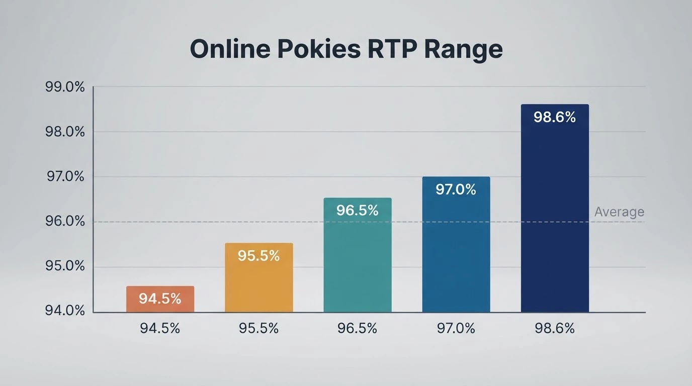 A row of online pokies title screens with RTP percentages overlaid as labels