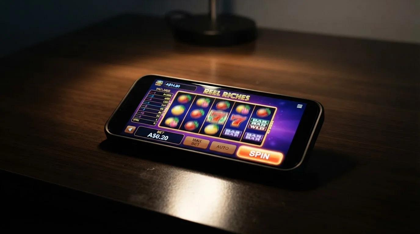 A smartphone in landscape mode displaying an online pokie game with the spin button and a A$0.20 stake-per-spin indicator visible
