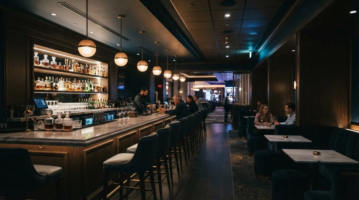 The Onyx Lounge interior with bar seating, pendant lighting and a drinks display