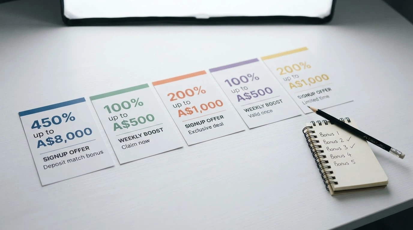 Side-by-side layout of casino bonus offer cards with Australian dollar values, licence badges and free-spins counts highlighted in a comparison grid